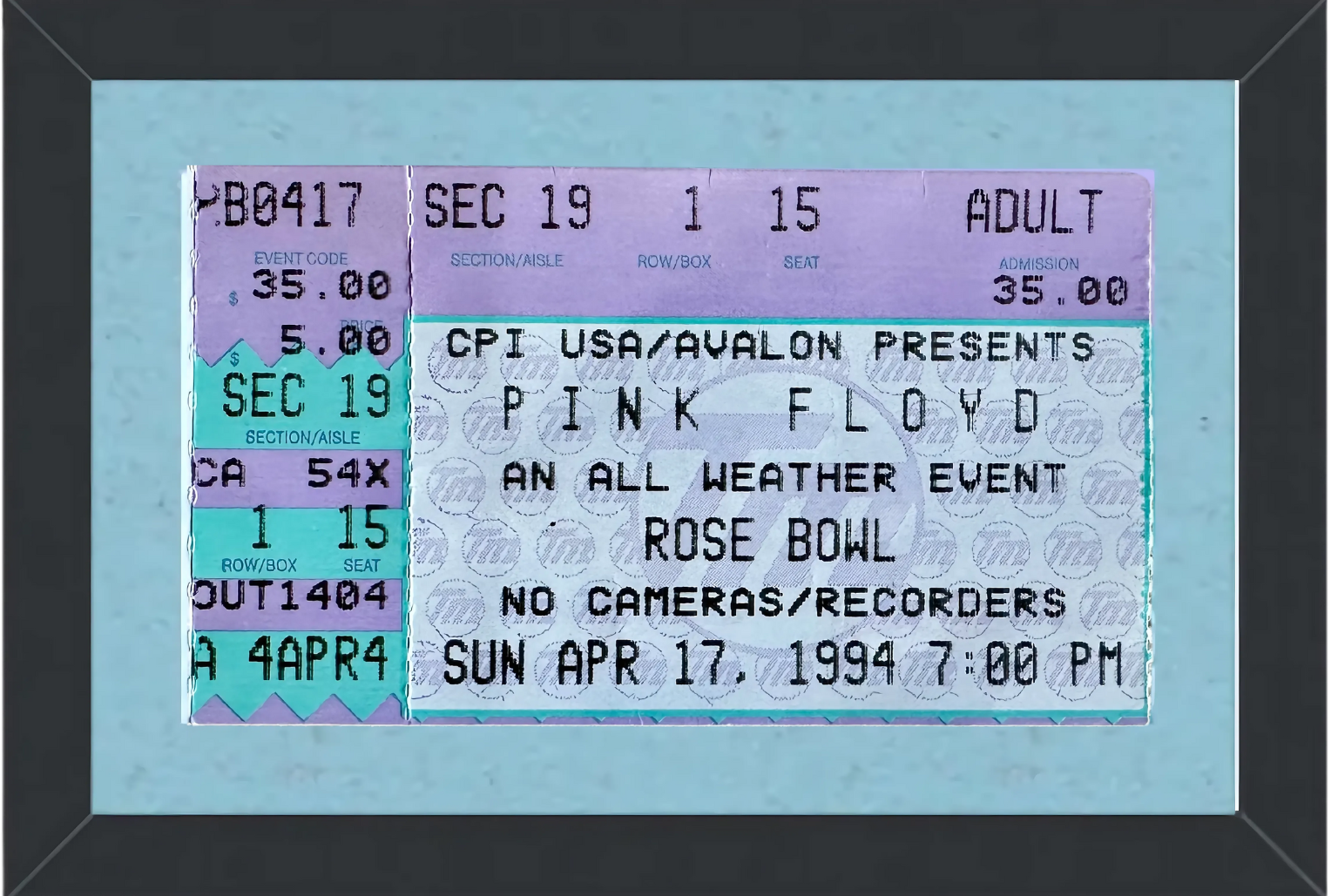 Pink Floyd Concert Ticket Stub (1994) Framed