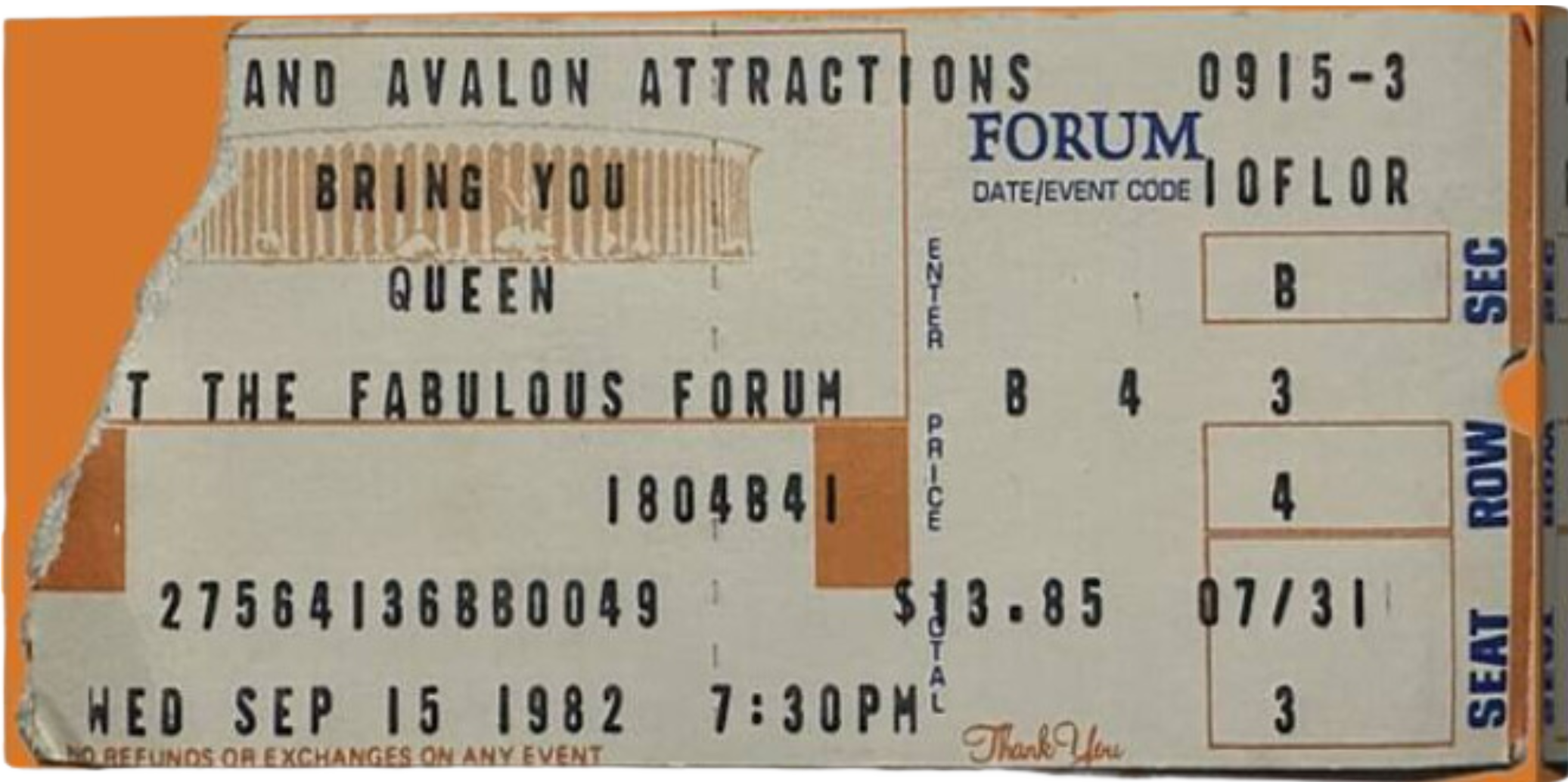 Queen (1982) Concert Ticket Stub on Canvas