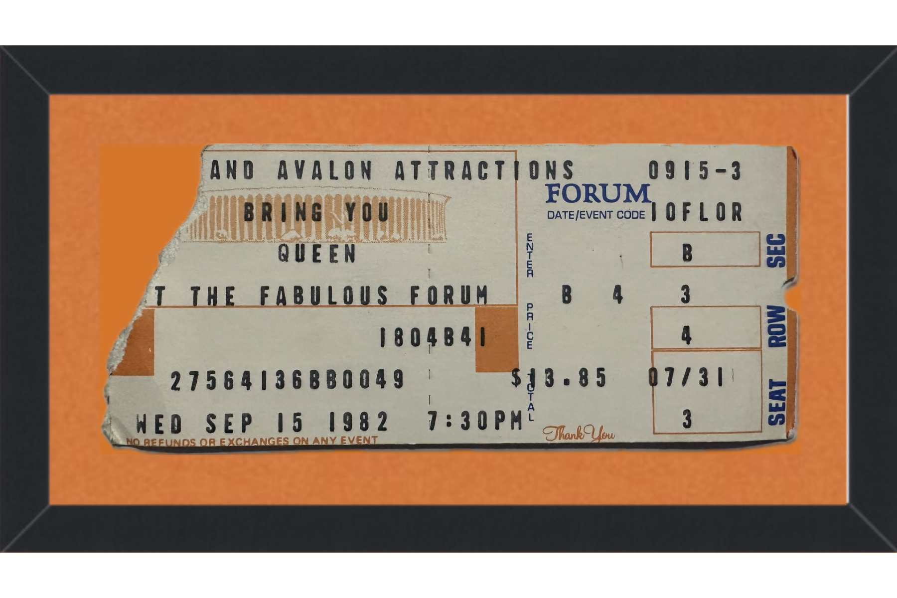 Queen Concert Ticket Stub (1982) Framed